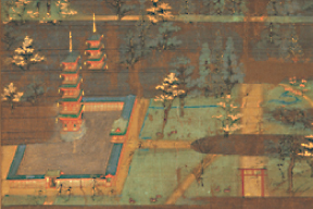 Kasuga Shaji Mandala (detail), Nara National Museum The east pagoda can be seen in the back, the west tower in the foreground, and the first Torii gate of the Kasuga Shrine in the lower right.